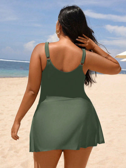 Swim Lushoire New Elegant Slit Strap Adjustable Slimming One-Piece Swimsuit, Fashionable For Beach Vacation, Plus Size