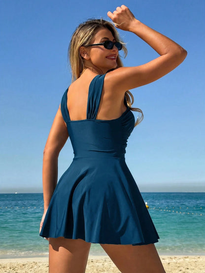 Swim Lushoire Non-Detachable Molded Cup, Wide Strap Solid Color Slim Fit Top And Bottom Tankini Swimwear For Women, For Summer Beach Vacation