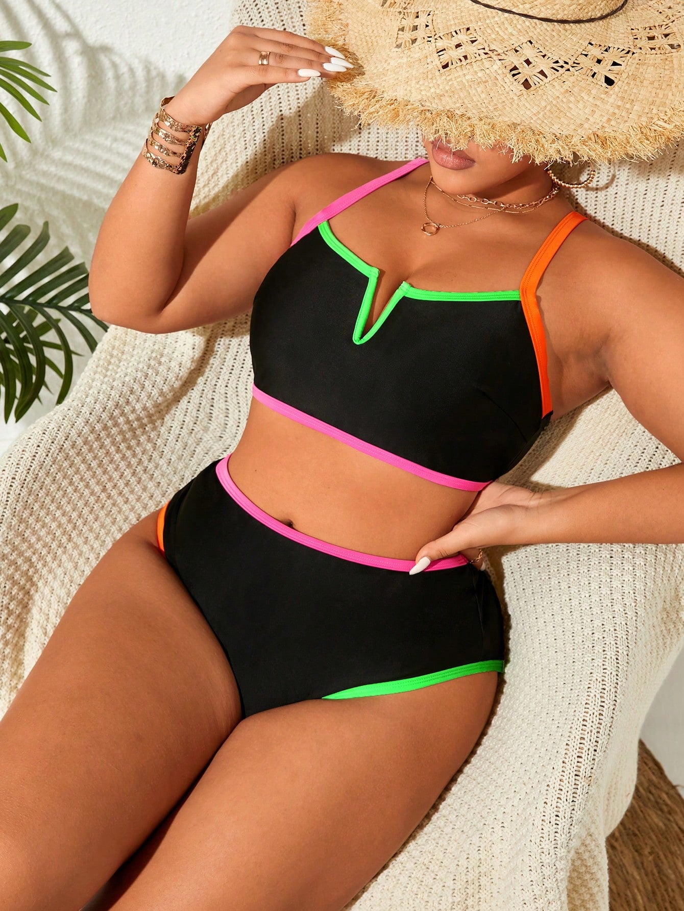 Swim Lushoire Plus Size Fashionable Contrast Neon Trim Two-Piece Bikini Set Bathing Suit For Summer Beach