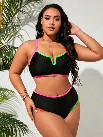 Swim Lushoire Plus Size Fashionable Contrast Neon Trim Two-Piece Bikini Set Bathing Suit For Summer Beach