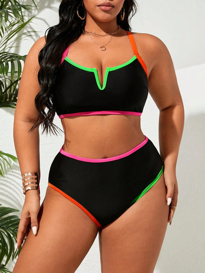 Swim Lushoire Plus Size Fashionable Contrast Neon Trim Two-Piece Bikini Set Bathing Suit For Summer Beach