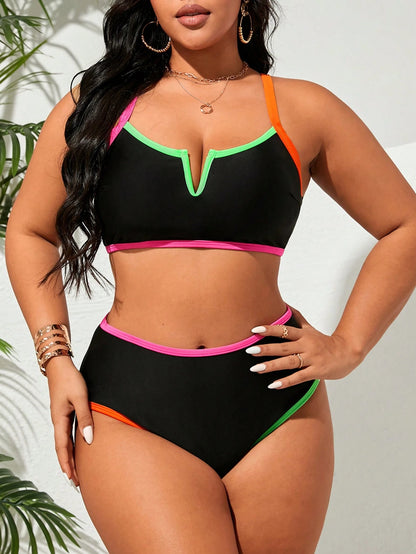 Swim Lushoire Plus Size Fashionable Contrast Neon Trim Two-Piece Bikini Set Bathing Suit For Summer Beach