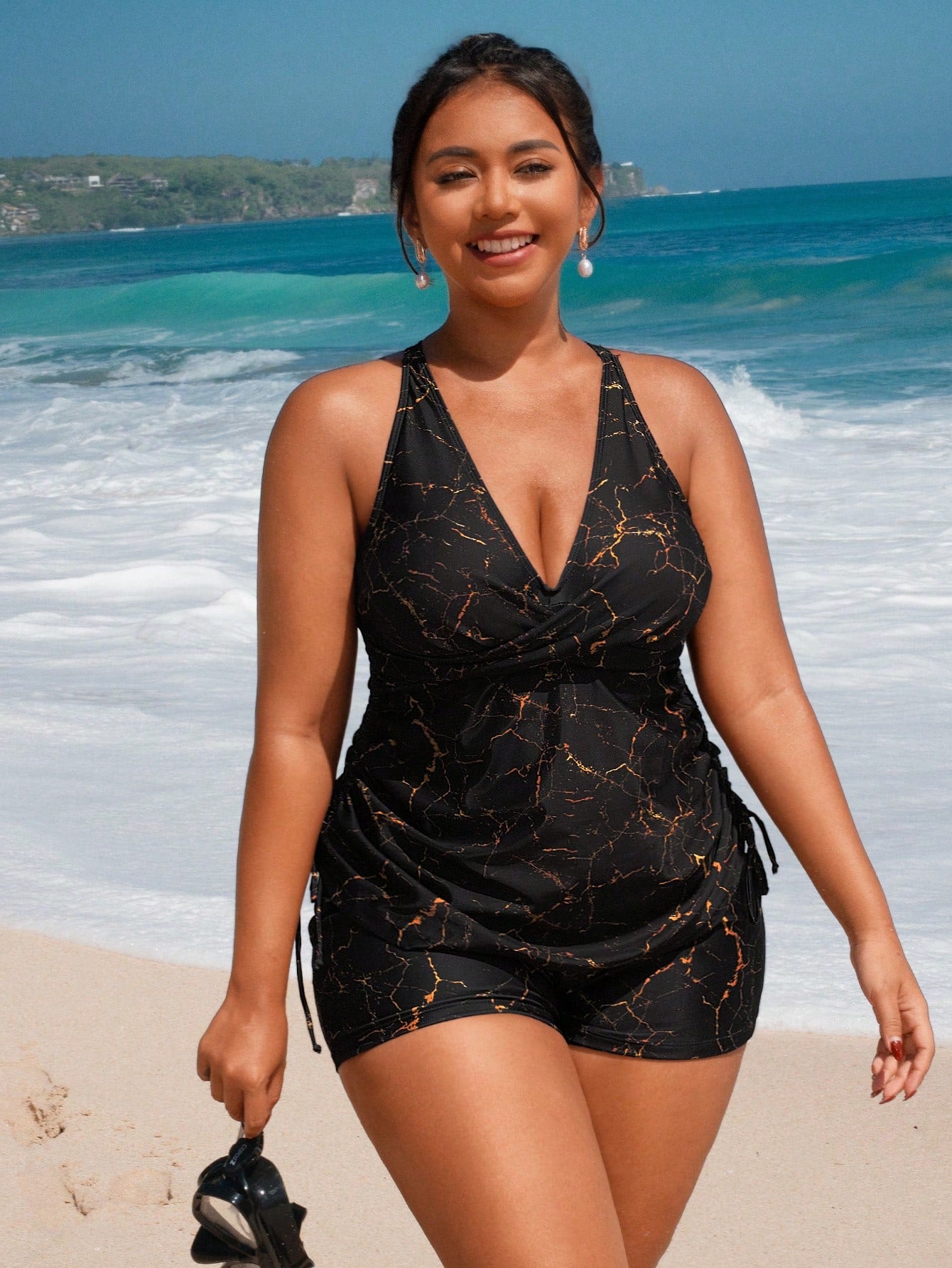 Swim Lushoire Plus Size Galaxy Print Drawstring Side Tankini Swimwear Summer
