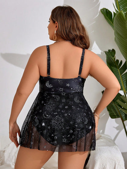Swim Lushoire Plus Size One-Piece Swimsuit Leopard Print V-Neck Front Tie Skirt Hem Tummy Control Swimwear Summer Beach Vacation Holiday Set,Pool Spa Resort Black