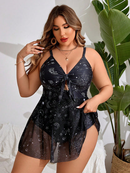 Swim Lushoire Plus Size One-Piece Swimsuit Leopard Print V-Neck Front Tie Skirt Hem Tummy Control Swimwear Summer Beach Vacation Holiday Set,Pool Spa Resort Black