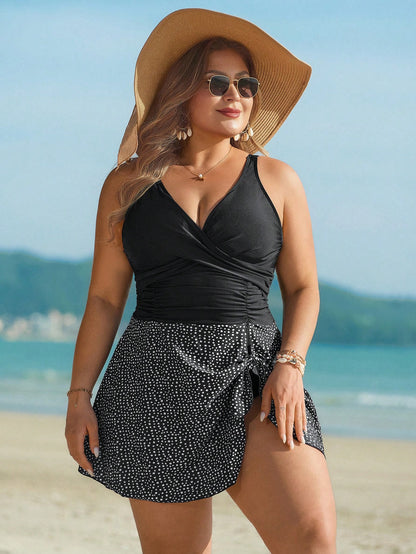 Swim Lushoire Plus Size Polka Dot Print Tankini Swimsuit Set, Mature & Minimalist Design