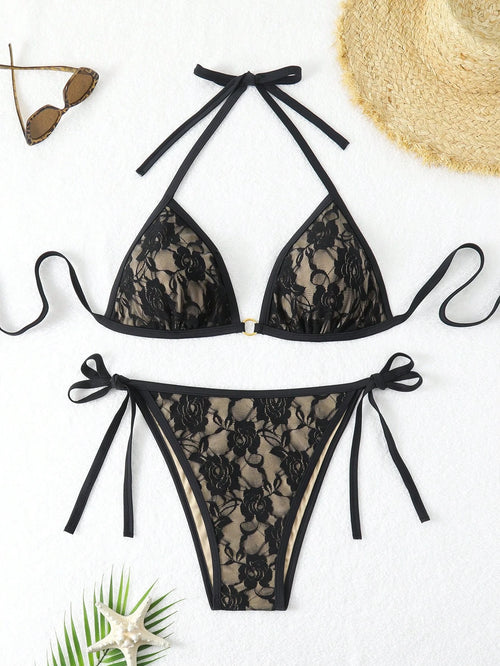 Swim Lushoire Plus Size Solid Color Halter Neck Split Swimwear Set Summer
