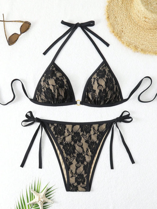 Swim Lushoire Plus Size Solid Color Halter Neck Split Swimwear Set Summer