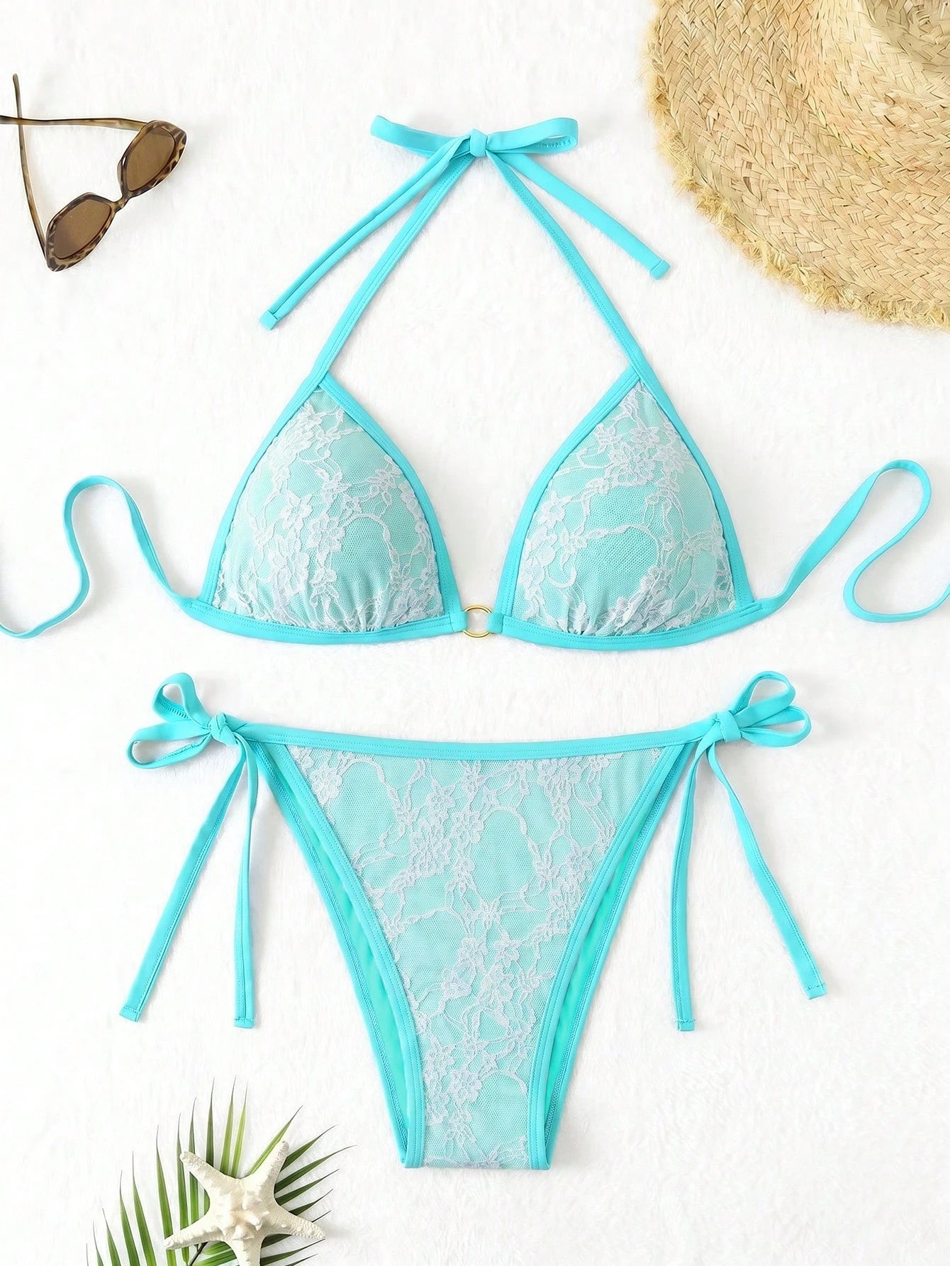 Swim Lushoire Plus Size Solid Color Halter Neck Split Swimwear Set Summer