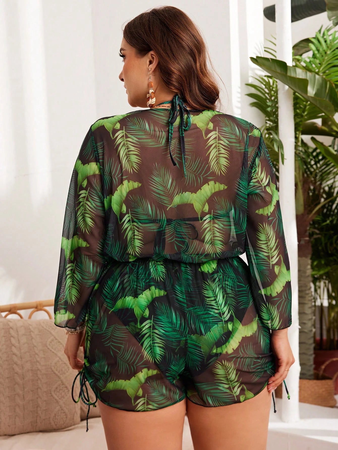 Swim Lushoire Plus Size Summer Beach Leaf Print Halter Neck Bikini Set & Cover Up, Perfect For Beach And Pool Wear