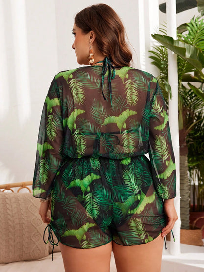 Swim Lushoire Plus Size Summer Beach Leaf Print Halter Neck Bikini Set & Cover Up, Perfect For Beach And Pool Wear
