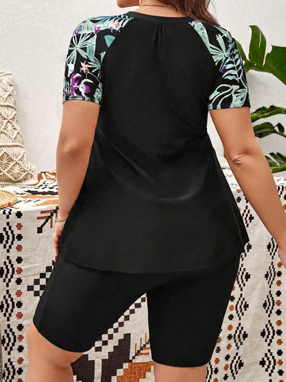 Swim Lushoire Plus Size Tropical Print Patchwork Rashguard Set, Suitable For Summer Beach Vacation
