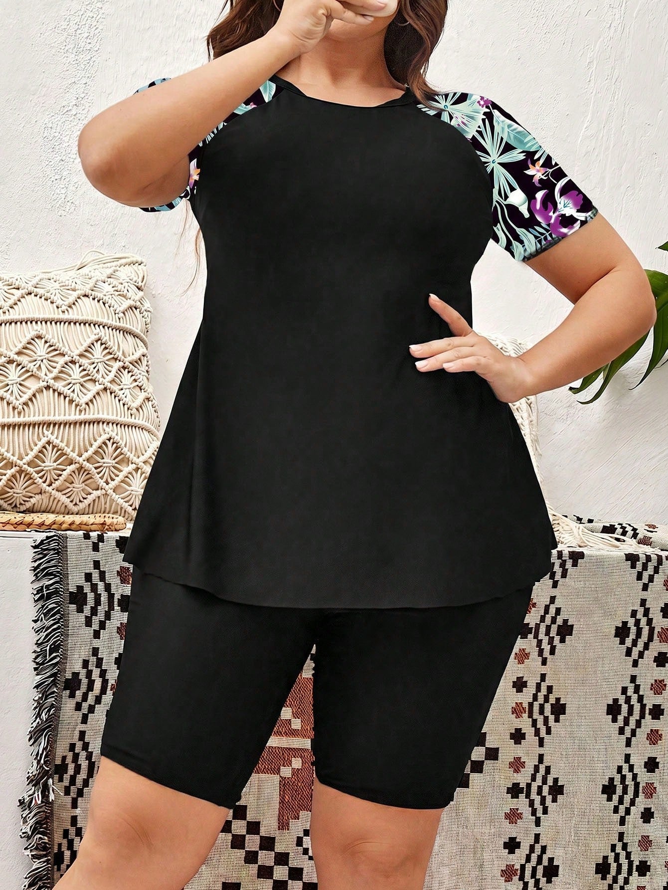 Swim Lushoire Plus Size Tropical Print Patchwork Rashguard Set, Suitable For Summer Beach Vacation