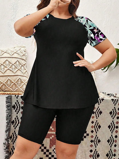 Swim Lushoire Plus Size Tropical Print Patchwork Rashguard Set, Suitable For Summer Beach Vacation