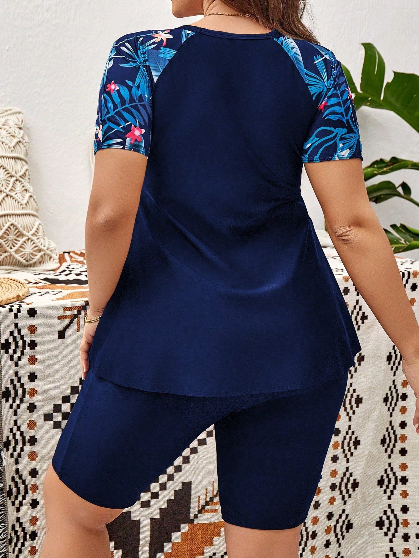 Swim Lushoire Plus Size Tropical Print Patchwork Rashguard Set, Suitable For Summer Beach Vacation