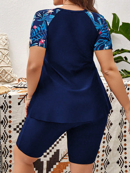 Swim Lushoire Plus Size Tropical Print Patchwork Rashguard Set, Suitable For Summer Beach Vacation