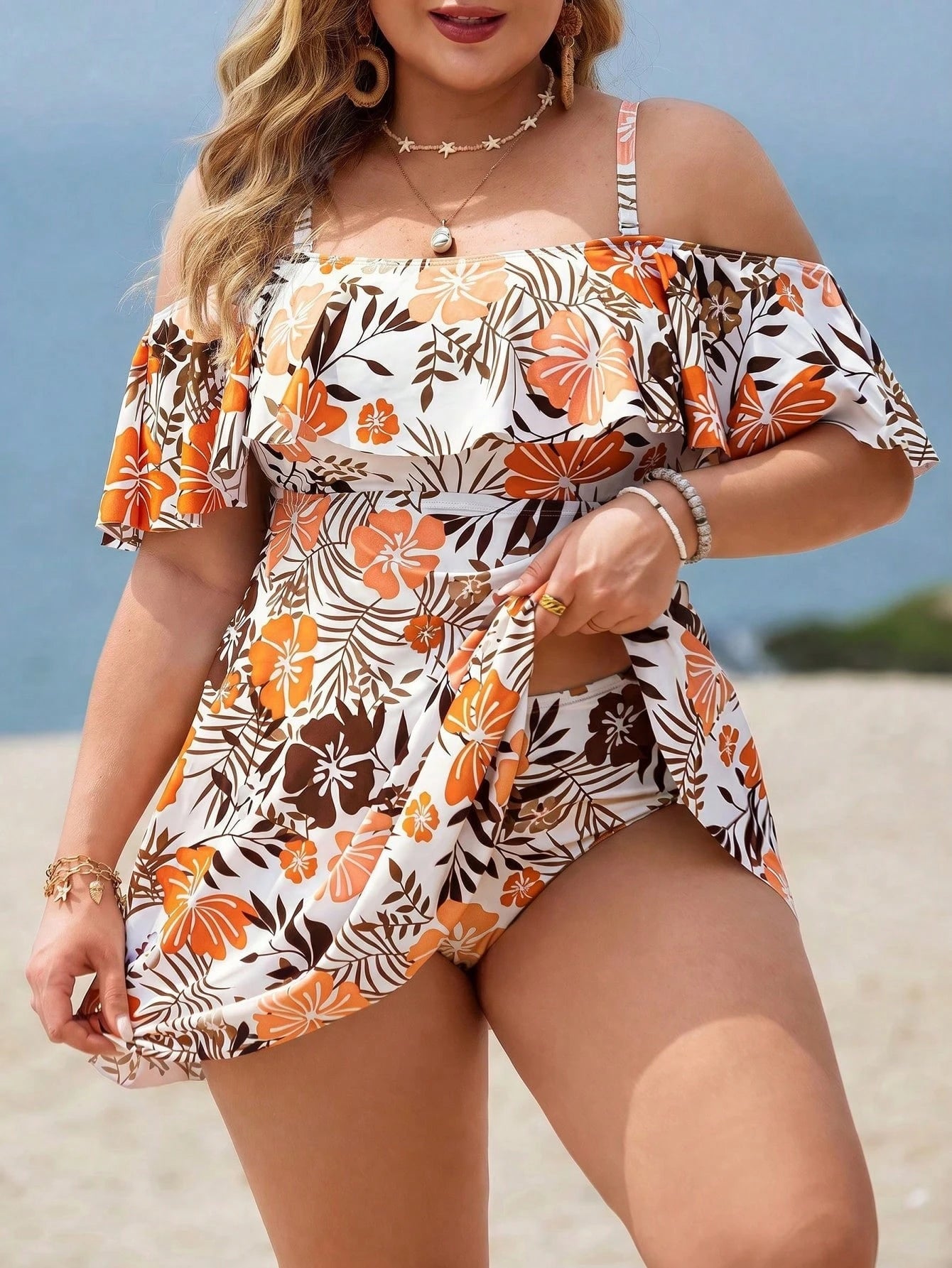 Swim Lushoire Plus Size Women 2pcs Casual Fashion Holiday Random Print Spaghetti Strap Ruffle Off Shoulder Waist A-Line Split Swimsuit