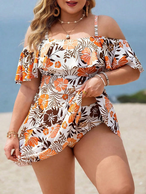 Swim Lushoire Plus Size Women 2pcs Casual Fashion Holiday Random Print Spaghetti Strap Ruffle Off Shoulder Waist A-Line Split Swimsuit