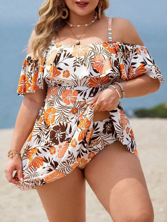 Swim Lushoire Plus Size Women 2pcs Casual Fashion Holiday Random Print Spaghetti Strap Ruffle Off Shoulder Waist A-Line Split Swimsuit