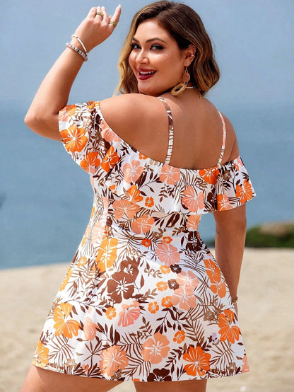 Swim Lushoire Plus Size Women 2pcs Casual Fashion Holiday Random Print Spaghetti Strap Ruffle Off Shoulder Waist A-Line Split Swimsuit