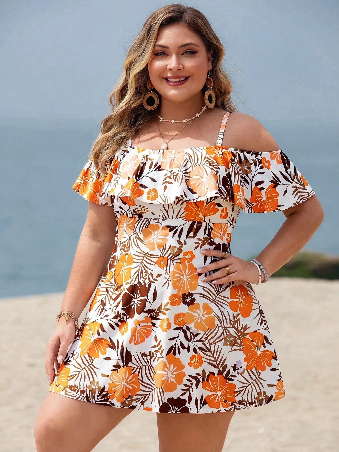 Swim Lushoire Plus Size Women 2pcs Casual Fashion Holiday Random Print Spaghetti Strap Ruffle Off Shoulder Waist A-Line Split Swimsuit