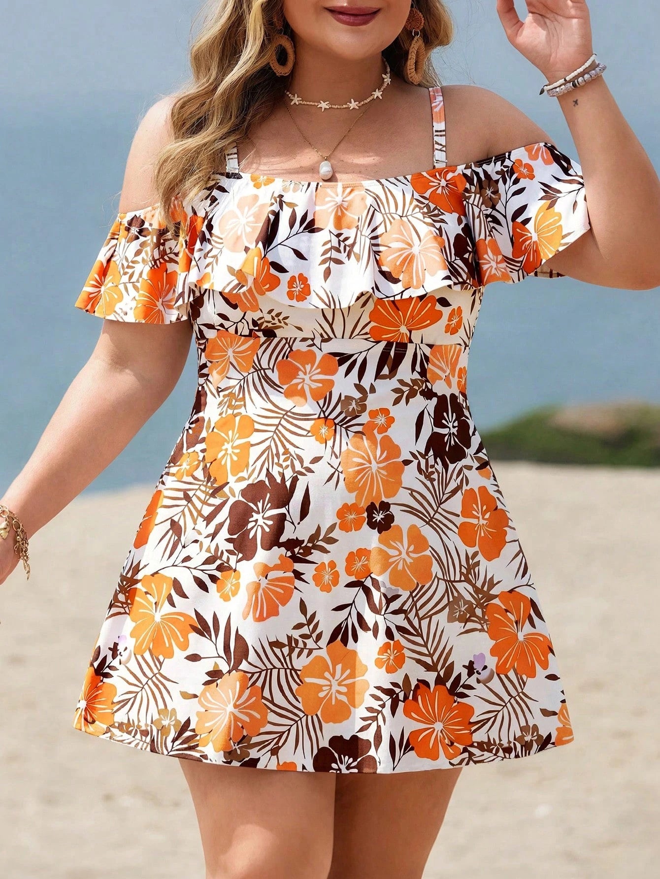 Swim Lushoire Plus Size Women 2pcs Casual Fashion Holiday Random Print Spaghetti Strap Ruffle Off Shoulder Waist A-Line Split Swimsuit