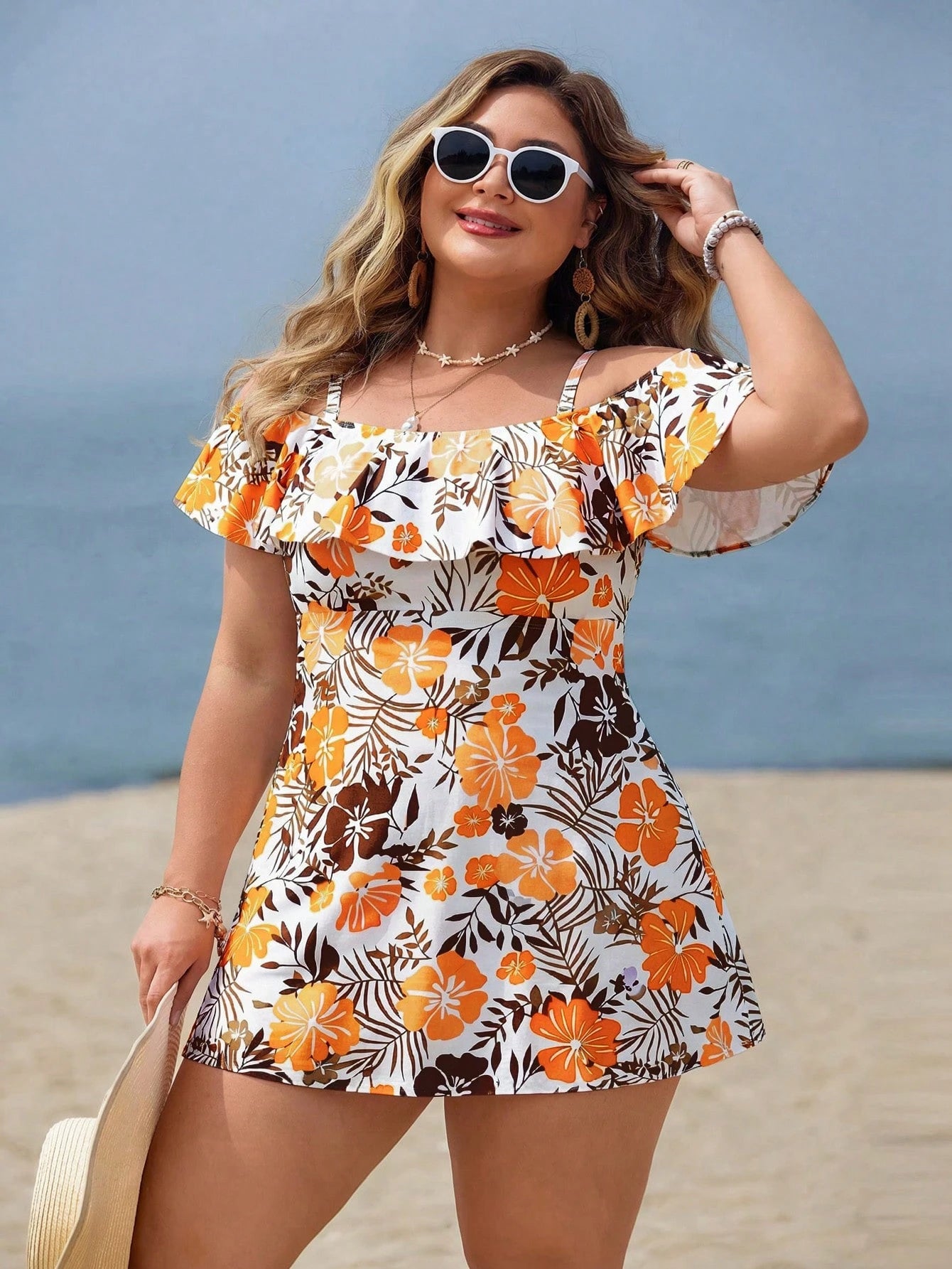 Swim Lushoire Plus Size Women 2pcs Casual Fashion Holiday Random Print Spaghetti Strap Ruffle Off Shoulder Waist A-Line Split Swimsuit