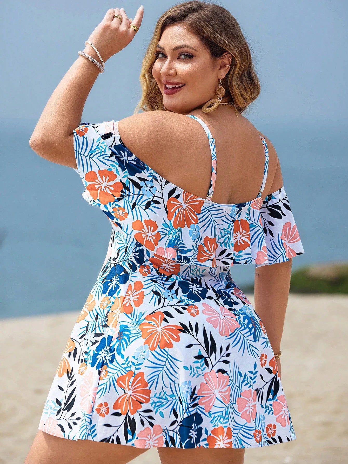 Swim Lushoire Plus Size Women 2pcs Casual Fashion Holiday Random Print Spaghetti Strap Ruffle Off Shoulder Waist A-Line Split Swimsuit