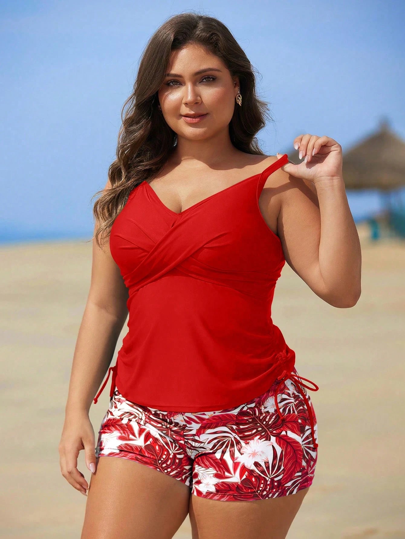 Swim Lushoire Plus Size Women 2pcs/Set Floral Print Tankini Swimsuit For Summer Beach Vacation