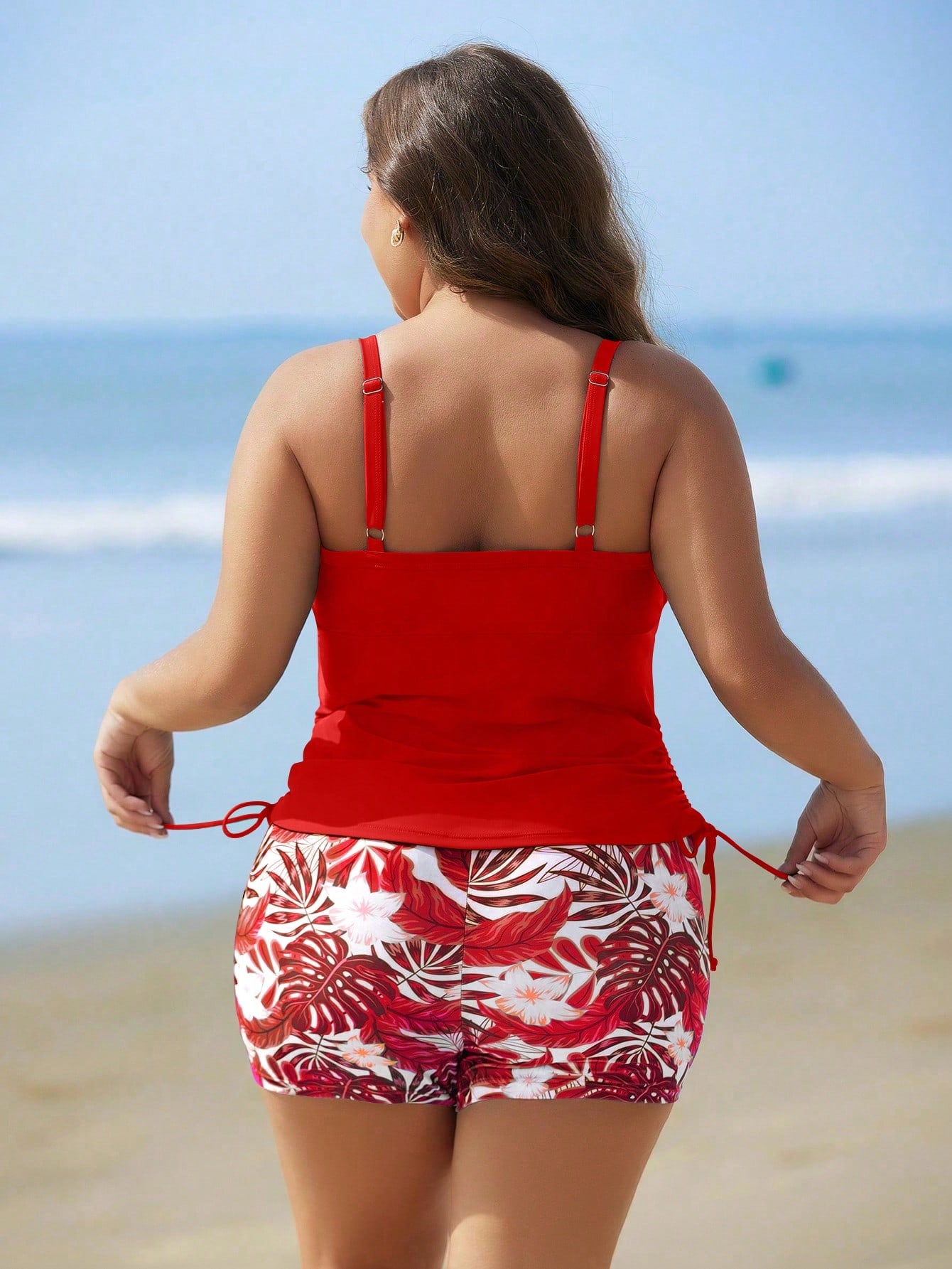 Swim Lushoire Plus Size Women 2pcs/Set Floral Print Tankini Swimsuit For Summer Beach Vacation
