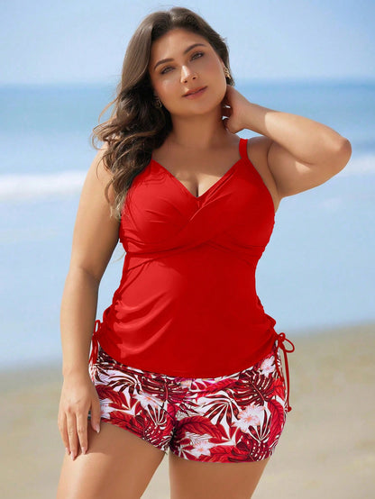Swim Lushoire Plus Size Women 2pcs/Set Floral Print Tankini Swimsuit For Summer Beach Vacation
