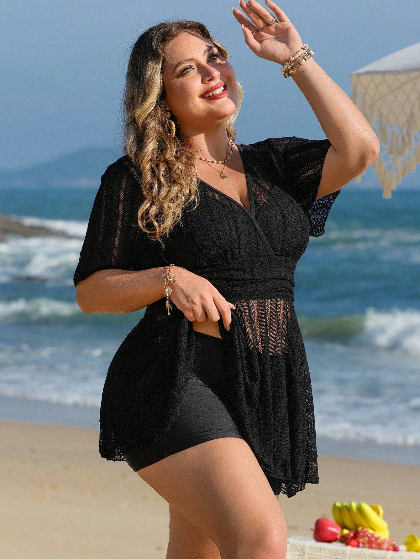 Swim Lushoire Plus Size Women 2pcs Solid Color Mesh Skirt Casual Beach Holiday Bikini Swimsuit Set For Summer Beach Vacation