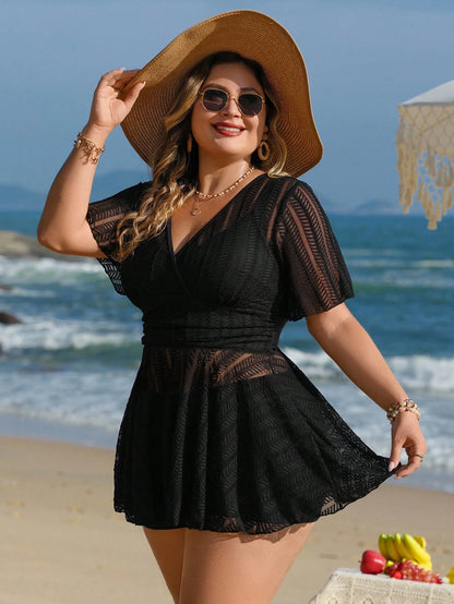 Swim Lushoire Plus Size Women 2pcs Solid Color Mesh Skirt Casual Beach Holiday Bikini Swimsuit Set For Summer Beach Vacation