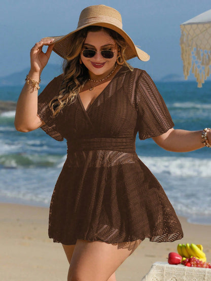 Swim Lushoire Plus Size Women 2pcs Solid Color Mesh Skirt Casual Beach Holiday Bikini Swimsuit Set For Summer Beach Vacation