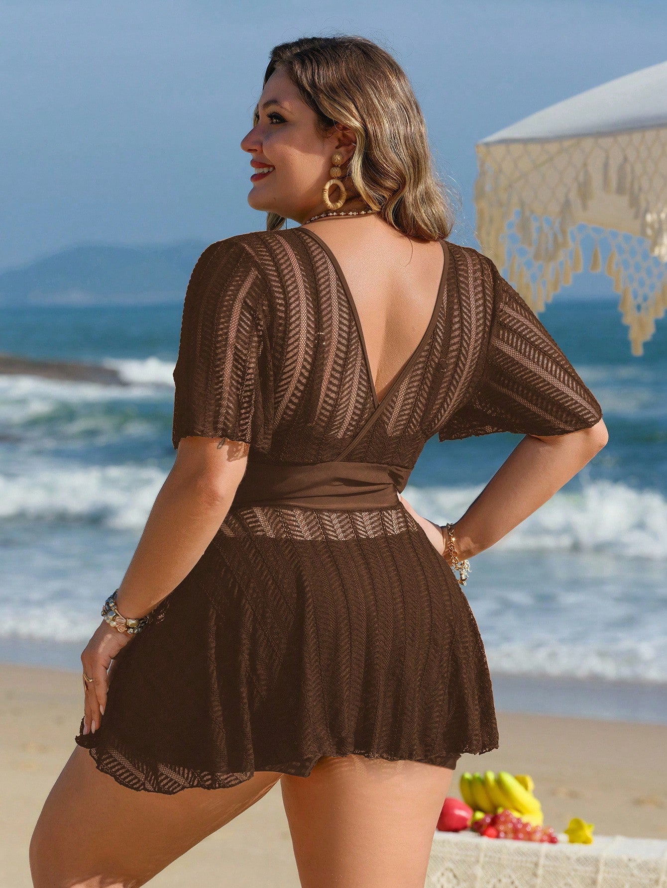 Swim Lushoire Plus Size Women 2pcs Solid Color Mesh Skirt Casual Beach Holiday Bikini Swimsuit Set For Summer Beach Vacation