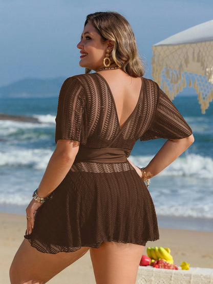 Swim Lushoire Plus Size Women 2pcs Solid Color Mesh Skirt Casual Beach Holiday Bikini Swimsuit Set For Summer Beach Vacation