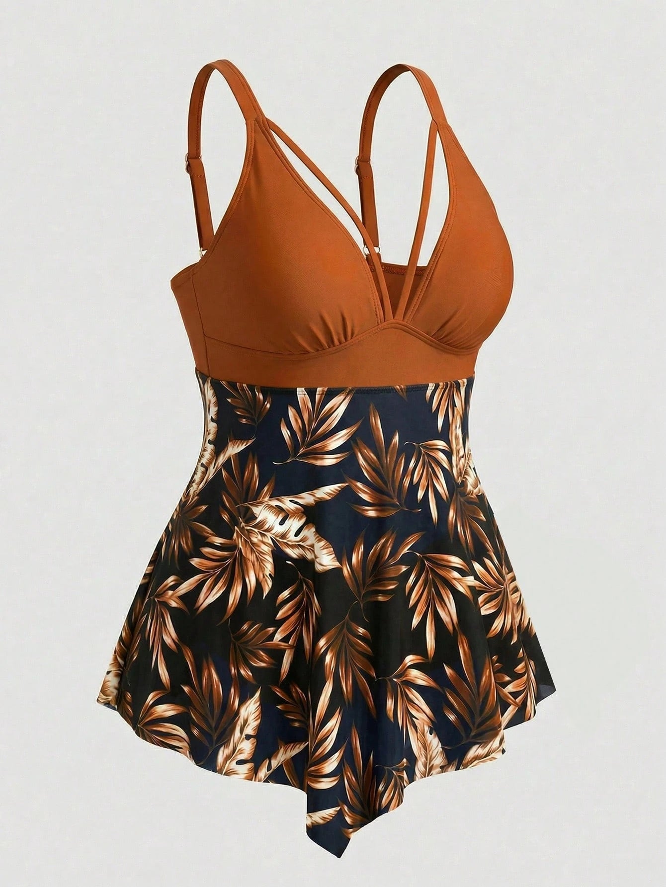 Swim Lushoire Plus Size Women 2pcs Tropical Leaf Random Print Deep V Mesh Splice Crop Top And High Waist Triangle Bottoms Bikini Set, Casual Vacation Wear