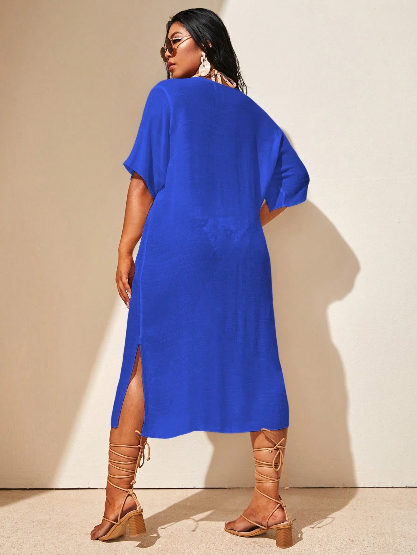 Swim Lushoire Plus Size Women Crochet Sheer Short Sleeve Split Hem Cover Up Dress