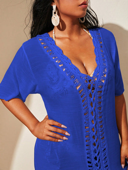 Swim Lushoire Plus Size Women Crochet Sheer Short Sleeve Split Hem Cover Up Dress
