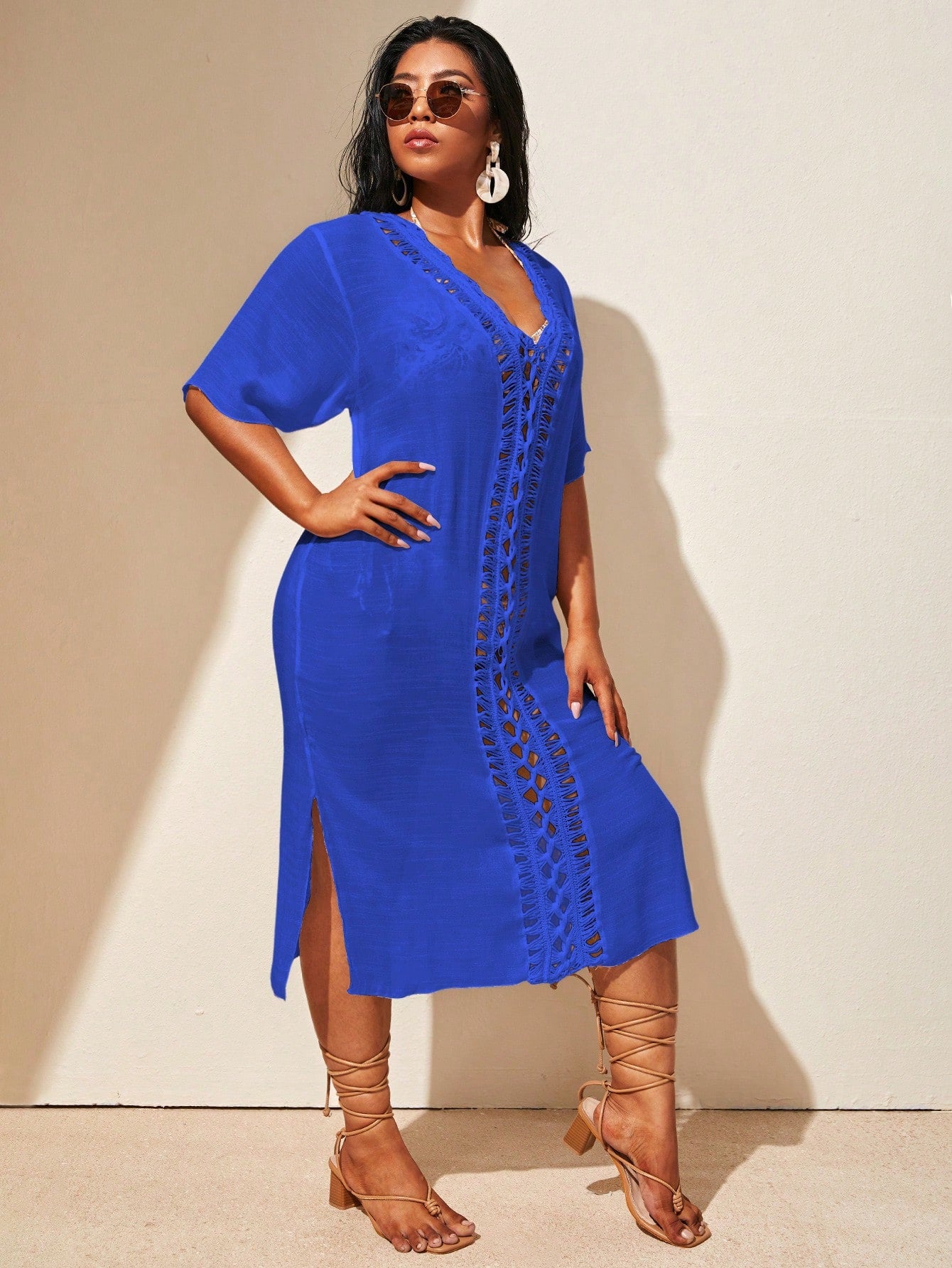 Swim Lushoire Plus Size Women Crochet Sheer Short Sleeve Split Hem Cover Up Dress