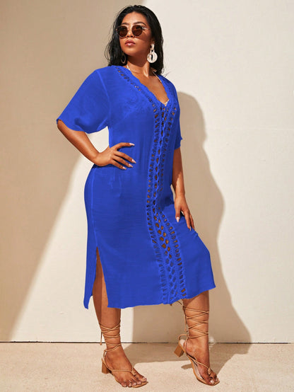 Swim Lushoire Plus Size Women Crochet Sheer Short Sleeve Split Hem Cover Up Dress