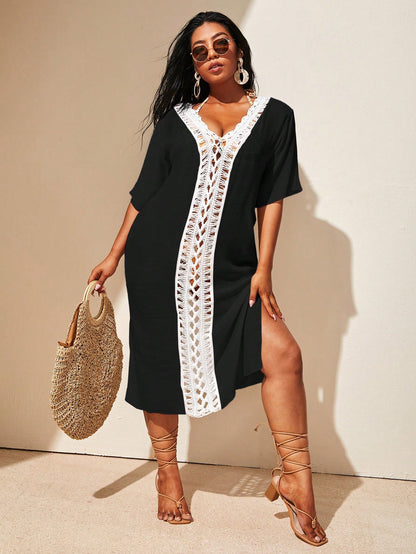 Swim Lushoire Plus Size Women Crochet Sheer Short Sleeve Split Hem Cover Up Dress