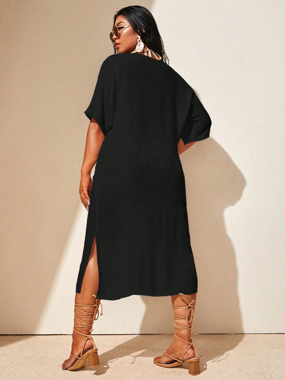 Swim Lushoire Plus Size Women Crochet Sheer Short Sleeve Split Hem Cover Up Dress