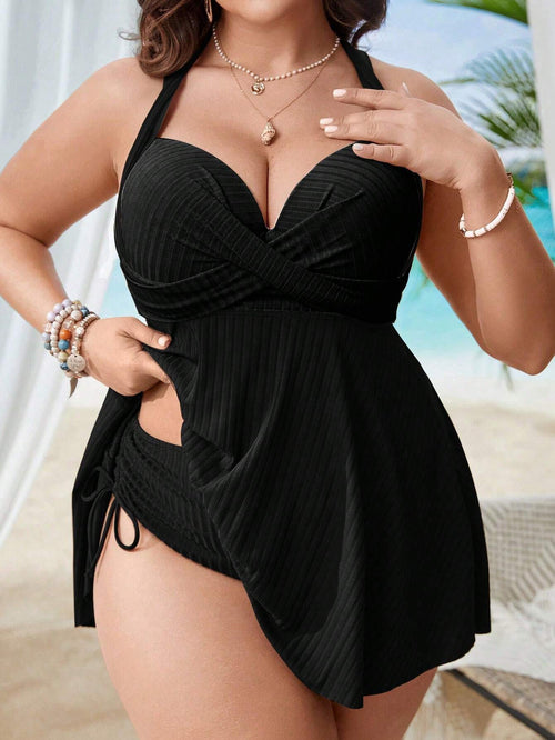 Swim Lushoire Plus Size Women Holiday Solid Color Cross Chest Strap Tank Top Swimsuit Summer