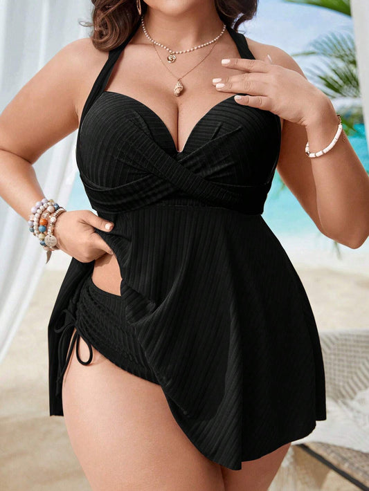 Swim Lushoire Plus Size Women Holiday Solid Color Cross Chest Strap Tank Top Swimsuit Summer