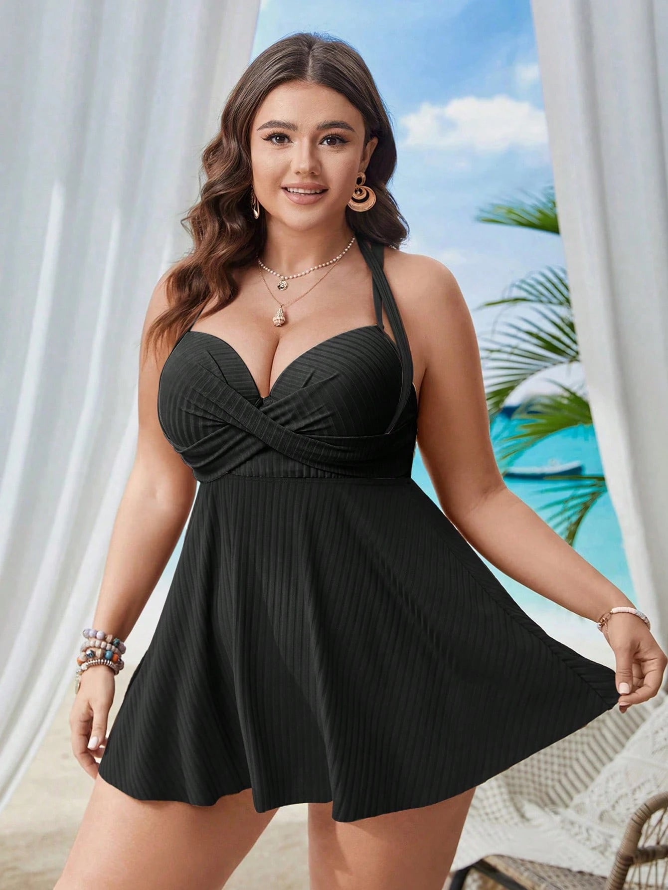 Swim Lushoire Plus Size Women Holiday Solid Color Cross Chest Strap Tank Top Swimsuit Summer