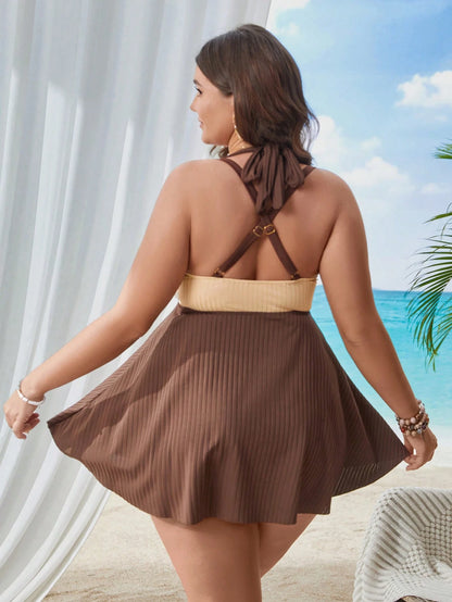 Swim Lushoire Plus Size Women Holiday Solid Color Cross Chest Strap Tank Top Swimsuit Summer