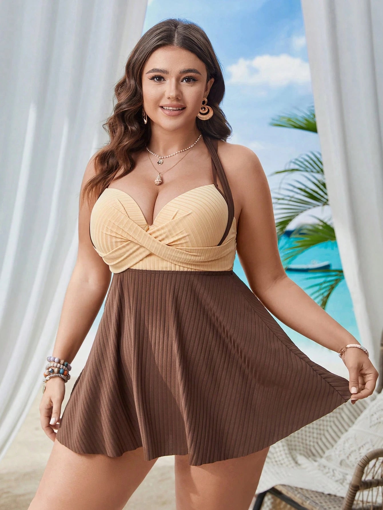 Swim Lushoire Plus Size Women Holiday Solid Color Cross Chest Strap Tank Top Swimsuit Summer
