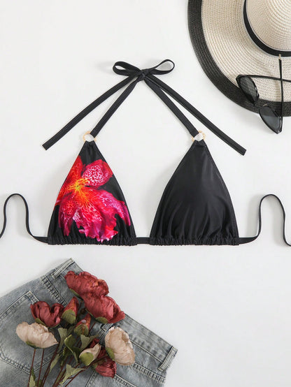 Swim Lushoire Plus Size Women Metal Accent One-Piece Swimwear Top, Multi-Color Print, Minimalist Daily/Holiday/Beach Wear For Summer