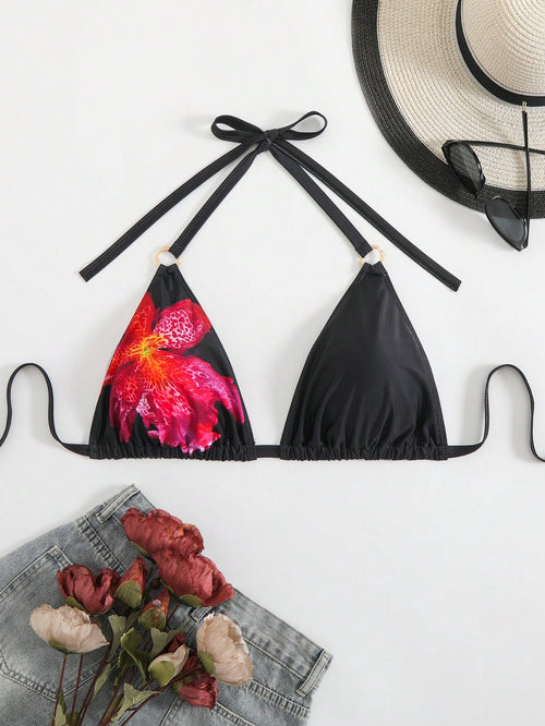 Swim Lushoire Plus Size Women Metal Accent One-Piece Swimwear Top, Multi-Color Print, Minimalist Daily/Holiday/Beach Wear For Summer